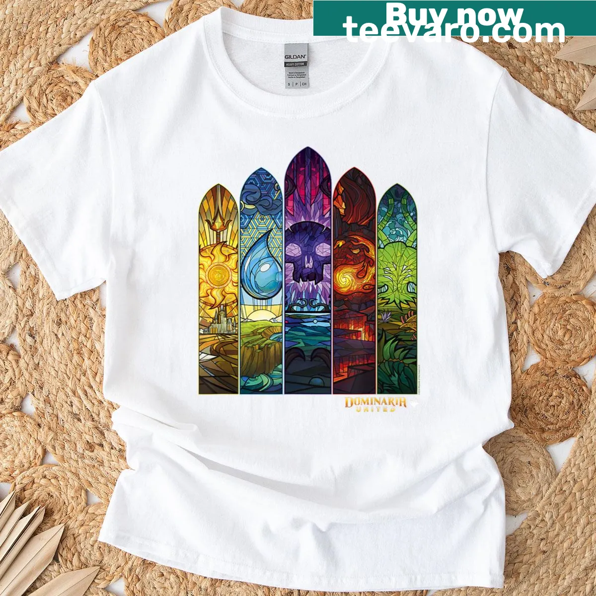 T-shirt featuring illustrations inspired by Magic: The Gathering Dominaria United — on a men's t-shirt