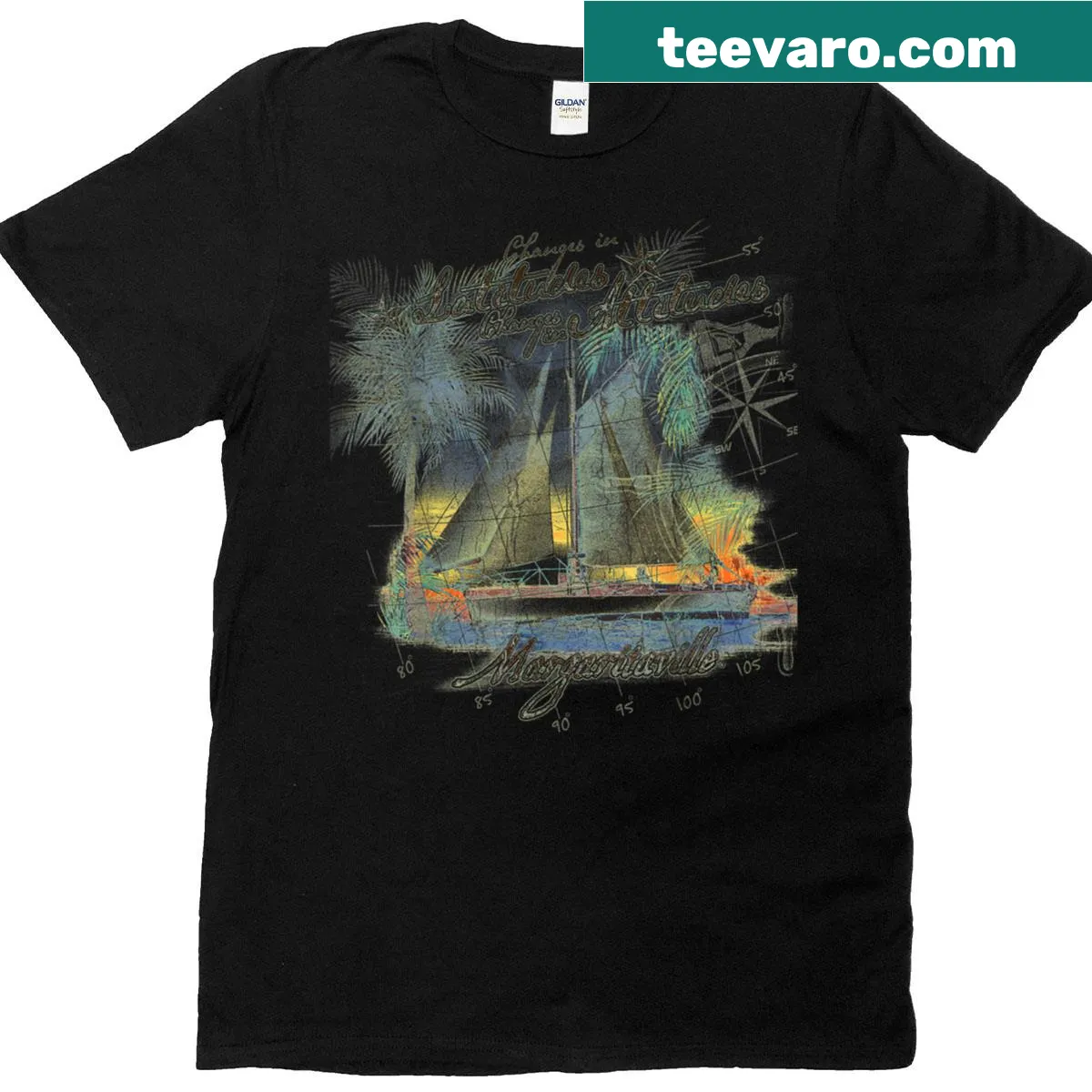 Margaritaville-themed t-shirt with laid-back letter print design. — on a men's t-shirt