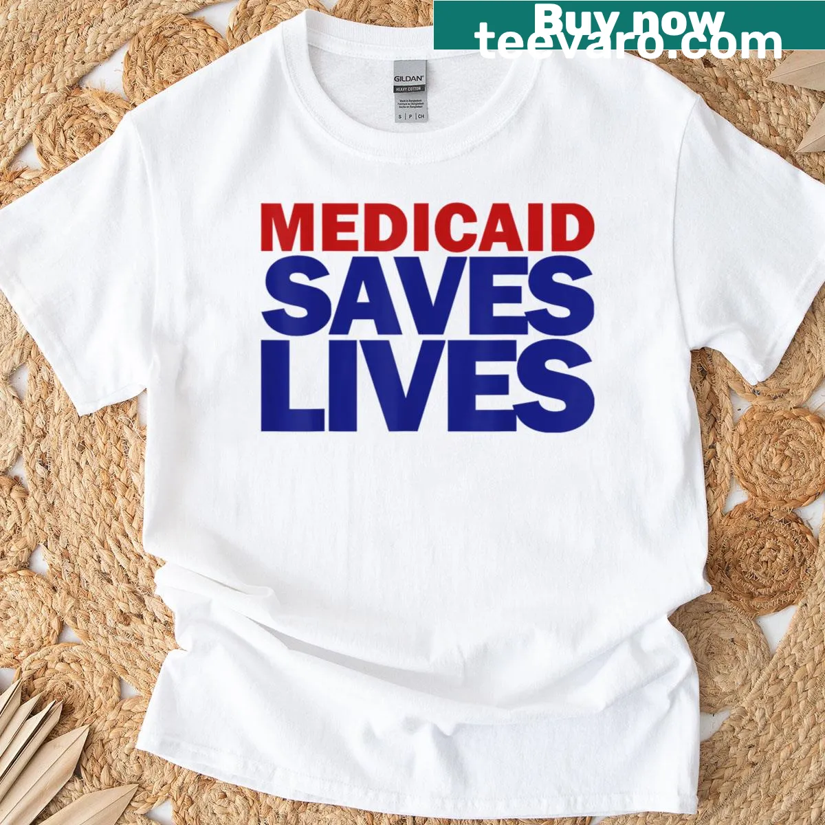 Text graphic advocating for Medicaid on a protest t-shirt — on a men's t-shirt