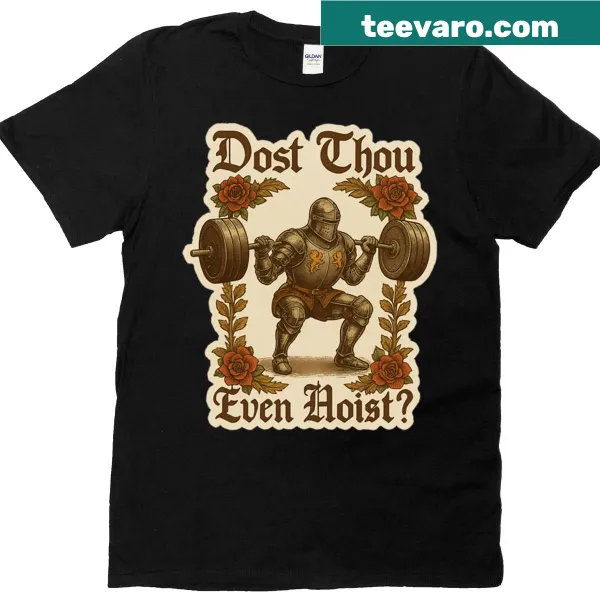 Funny gym t-shirt with medieval knight lifting weights illustration