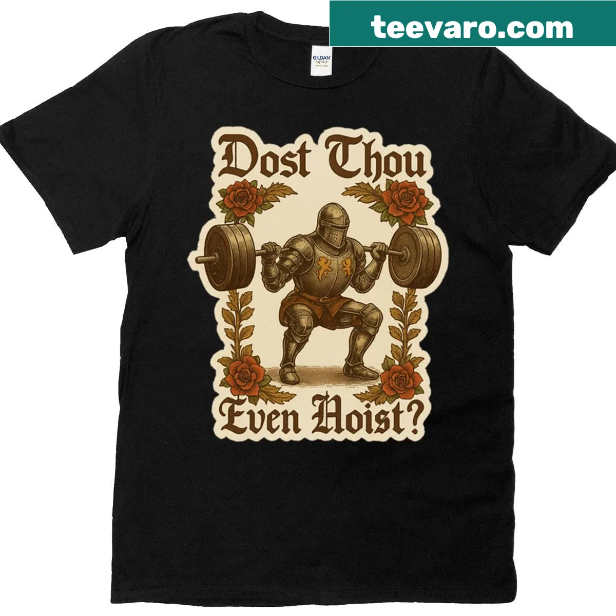 Funny gym t-shirt with medieval knight lifting weights illustration — on a men's t-shirt