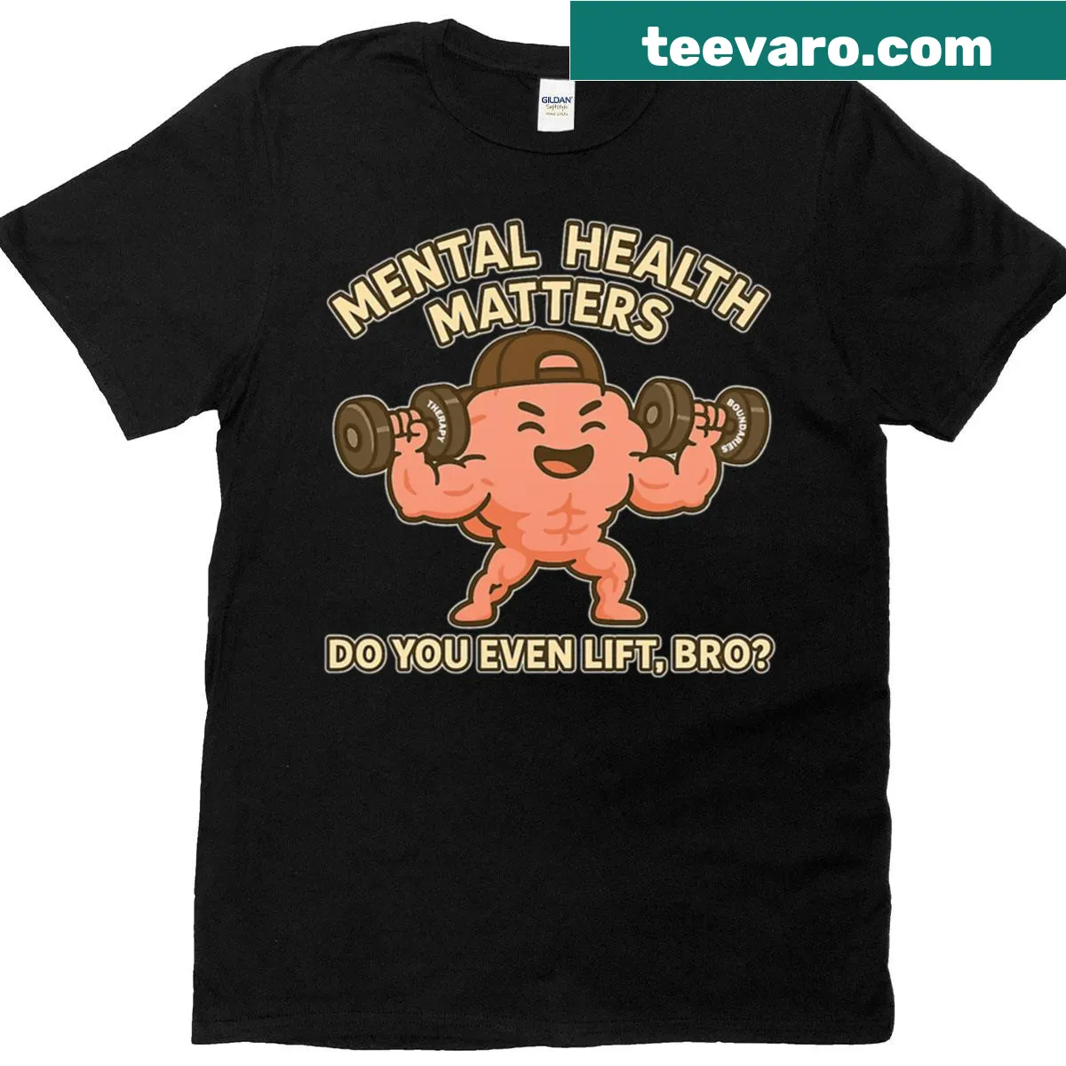 Funny gym T-shirt combining fitness and mental health themes — on a men's t-shirt