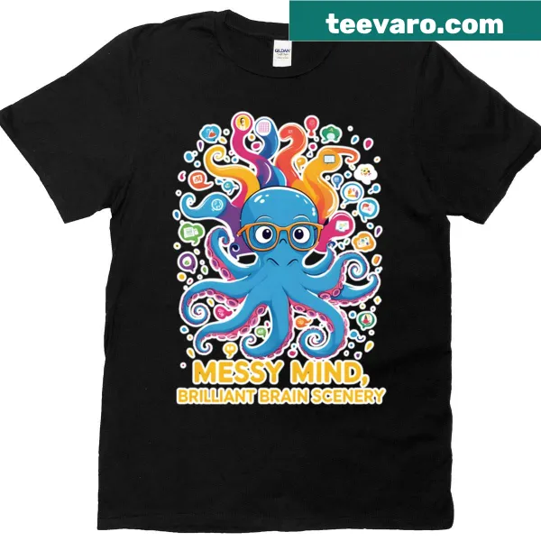 Inspirational 'Messy Mind Brilliant Brain' text with intricate designs on a t-shirt