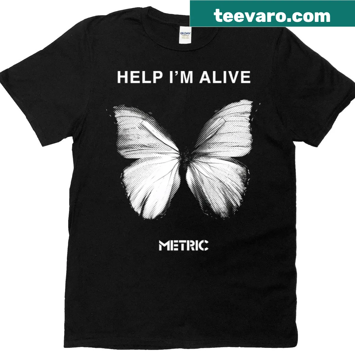 Illustrated butterfly with 'Help I'm Alive' text on a t-shirt — on a men's t-shirt