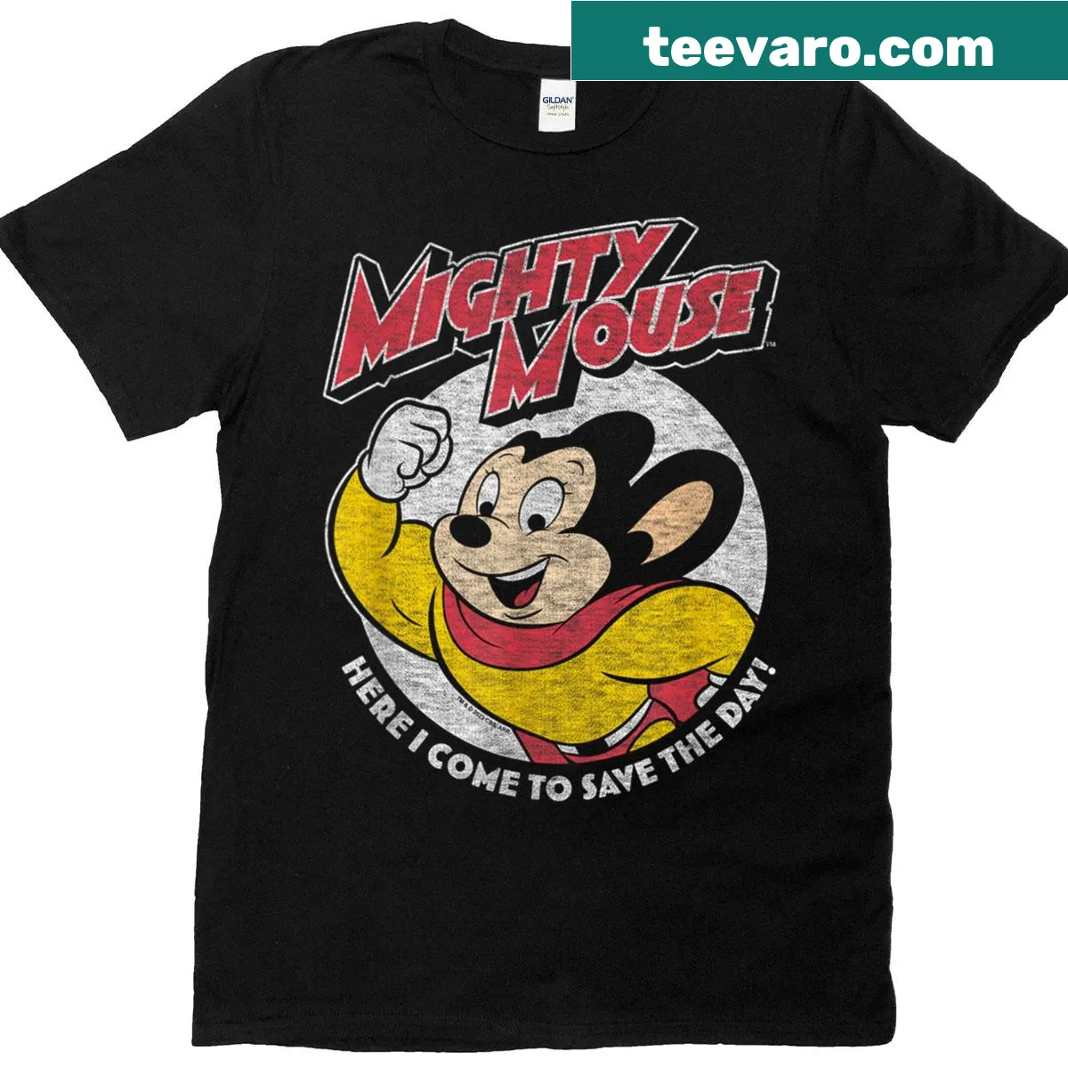 Cartoon superhero mouse with 'Mighty Mouse Save The Day' text on a t-shirt — on a men's t-shirt