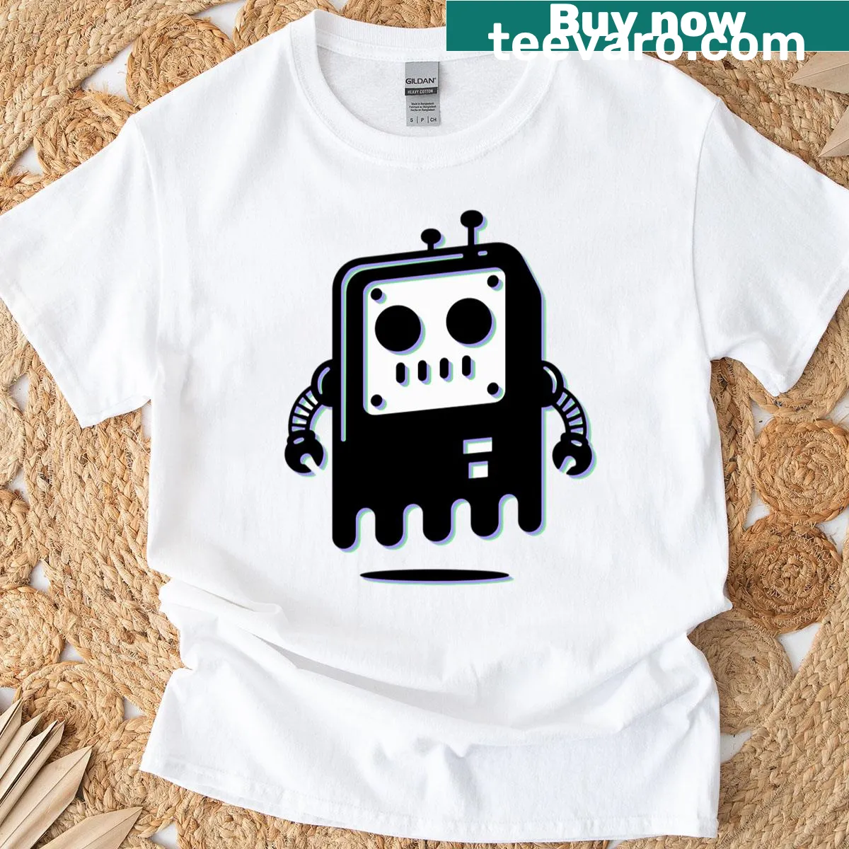 Minimalist robot icon T-shirt with clean line art — on a men's t-shirt