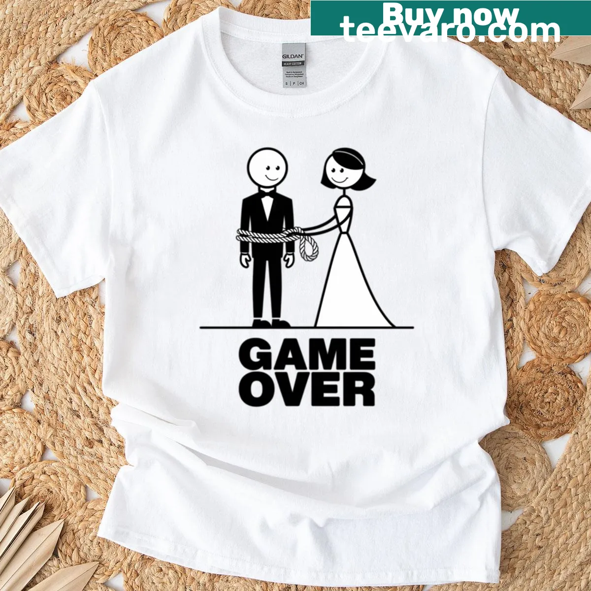 Funny wedding t-shirt with 'Game Over Just Married' text — on a men's t-shirt