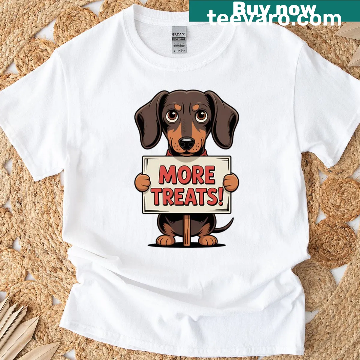 Playful dachshund graphic and text on T-shirt for dog lovers — on a men's t-shirt