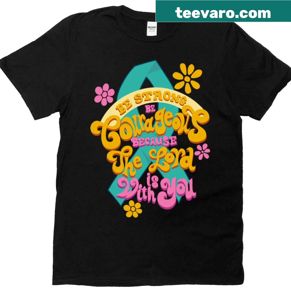 Teal ribbon graphic with motivational text on a t-shirt — on a men's t-shirt