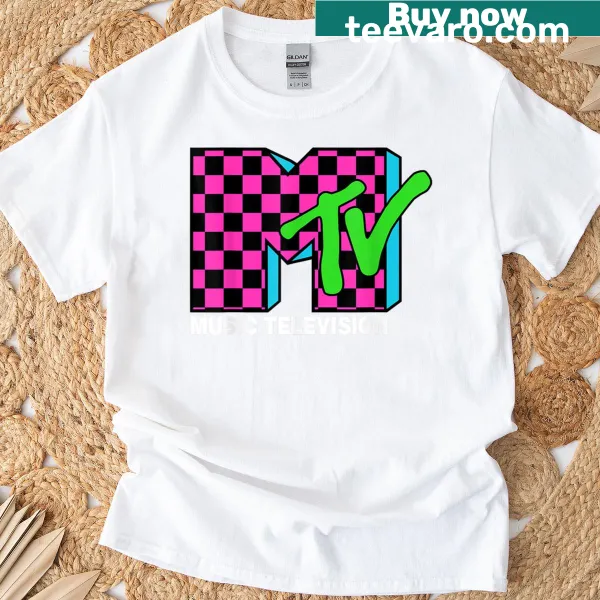 Retro MTV logo on a pink and blue checker background