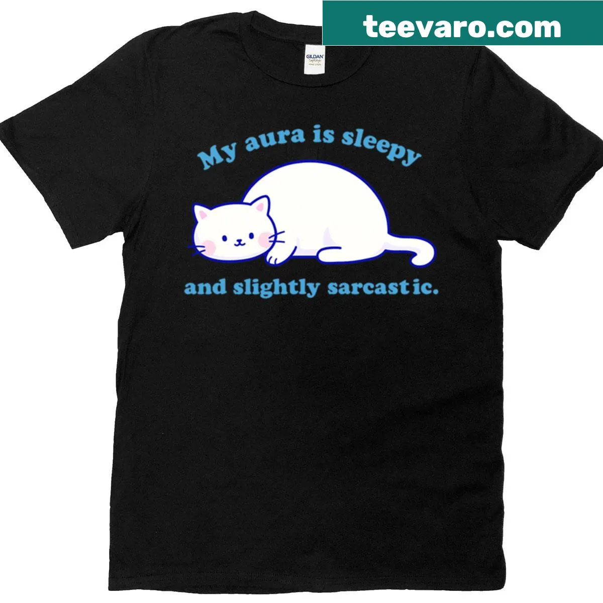 Text design T-shirt with the phrase My Aura Is Sleepy And Slightly Sarcastic — on a men's t-shirt