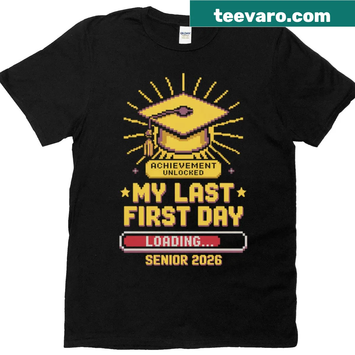 Retro gamer T-shirt with 8-bit pixel art for senior graduation — on a men's t-shirt