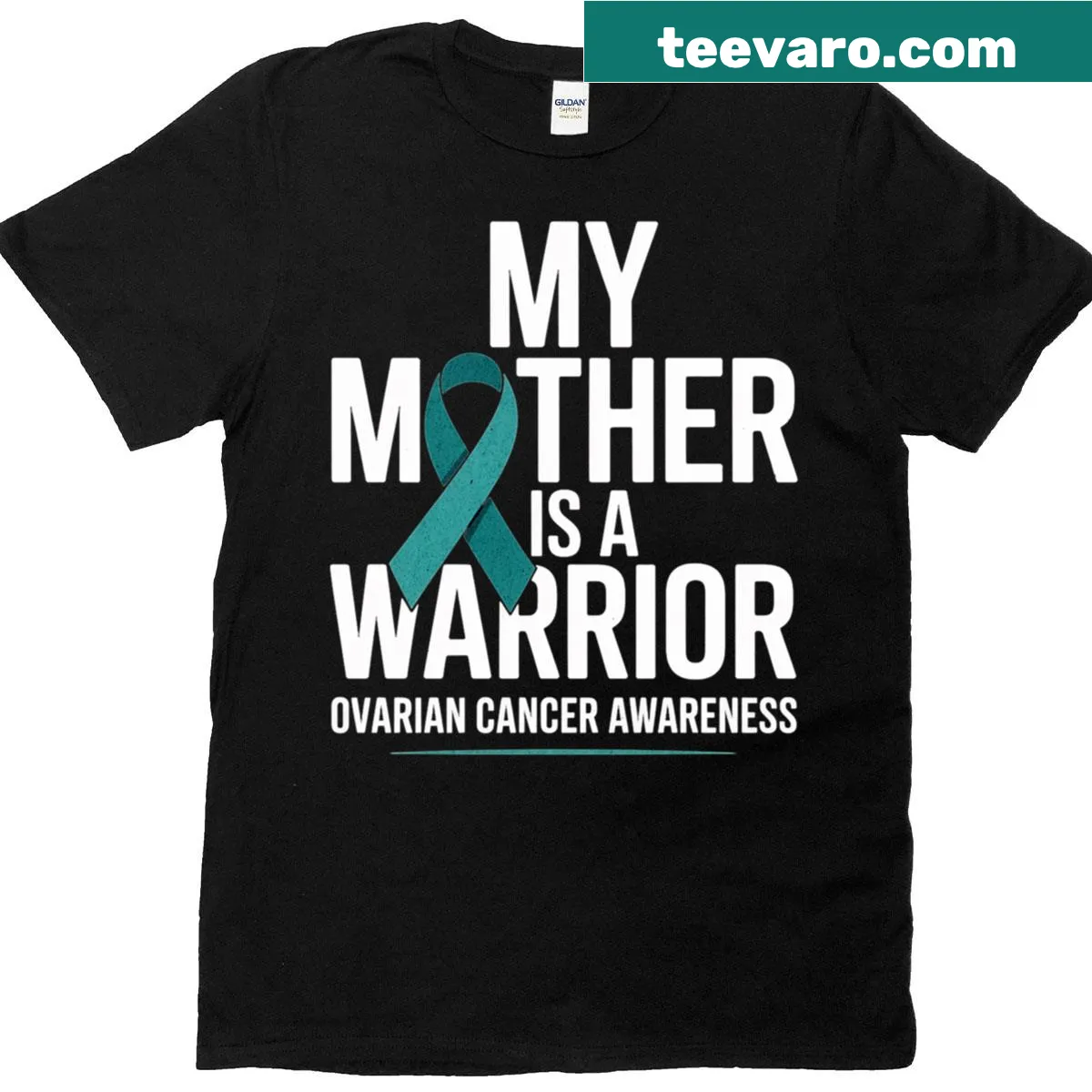 Awareness T-shirt with 'My Mother Is A Warrior' and teal ribbon design — on a men's t-shirt