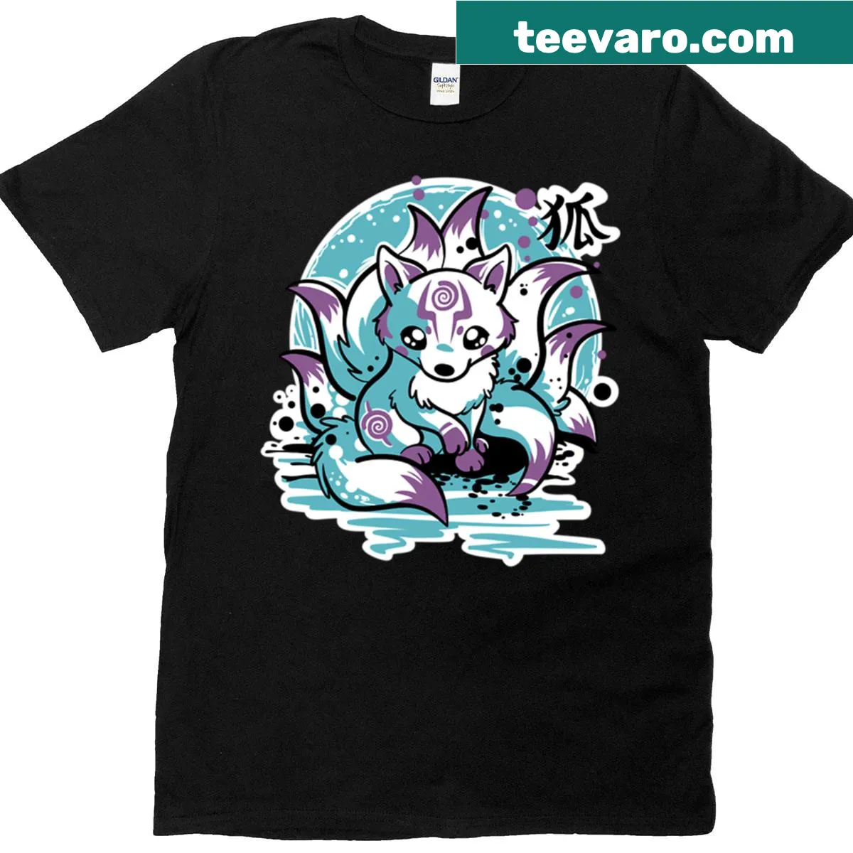 T-shirt featuring an illustration of a mystical nine-tailed kitsune — on a men's t-shirt