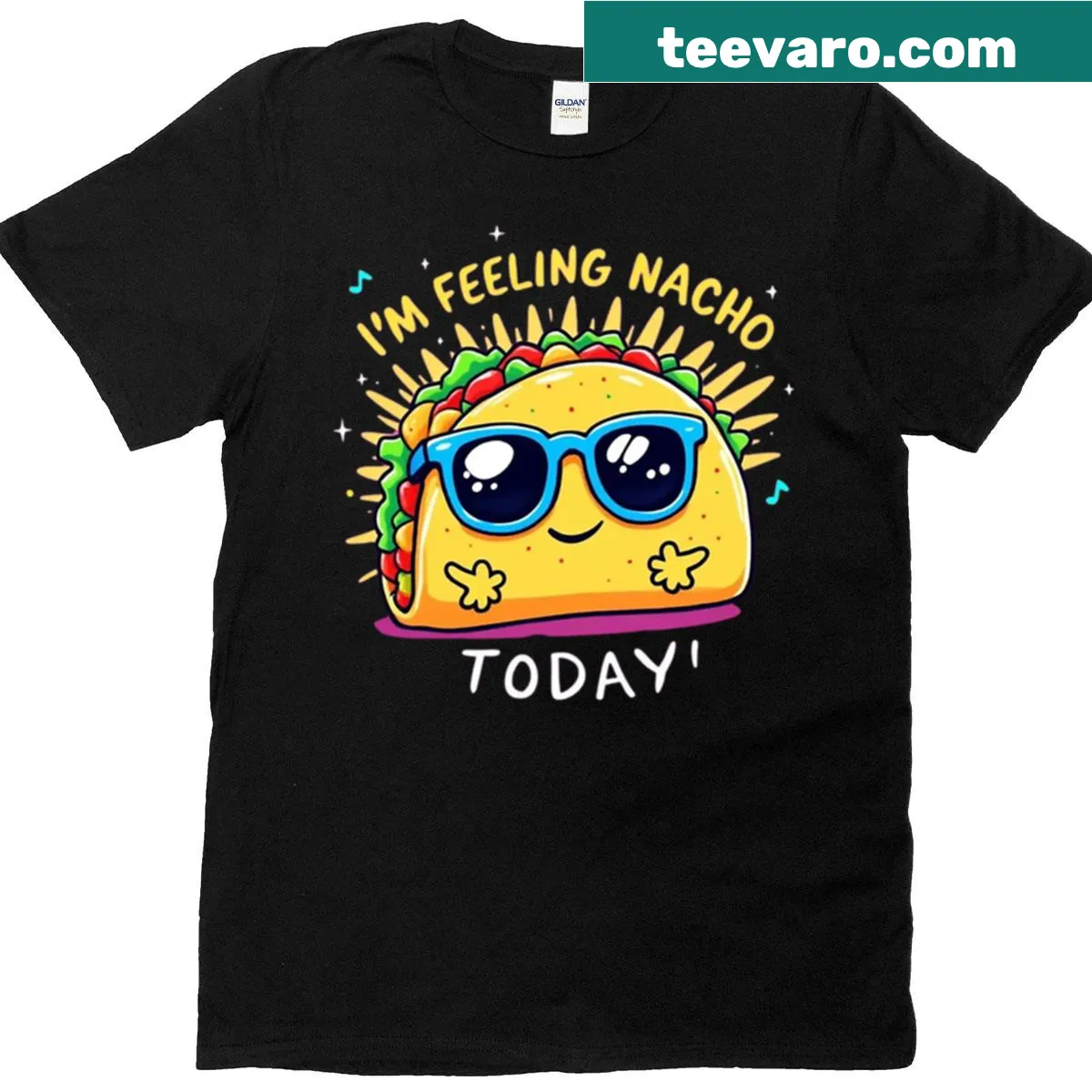 Cartoon taco graphic with 'Nacho Average Day' text on T-shirt — on a men's t-shirt