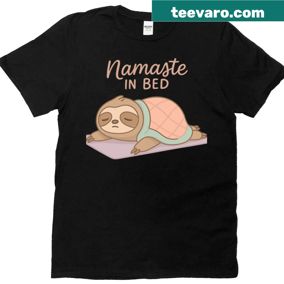 Cute sloth t-shirt with 'Namaste In Bed' phrase — on a men's t-shirt