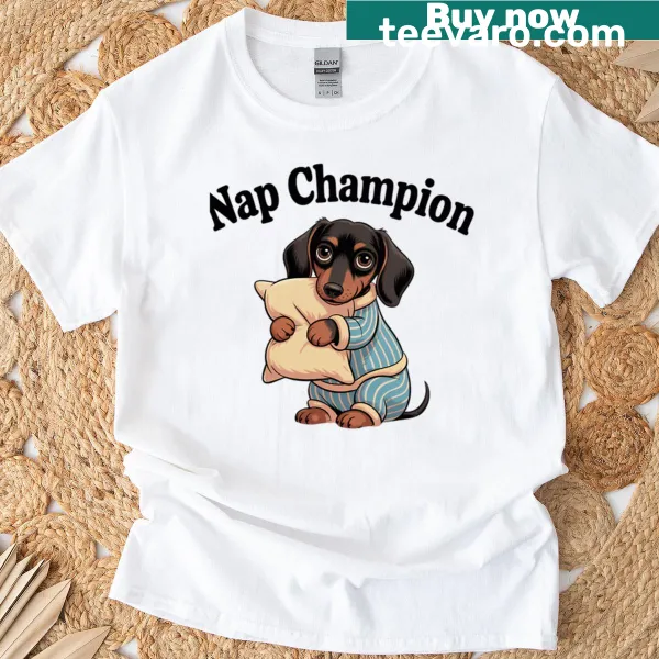 Dachshund illustration with 'Nap Champion' text on t-shirt