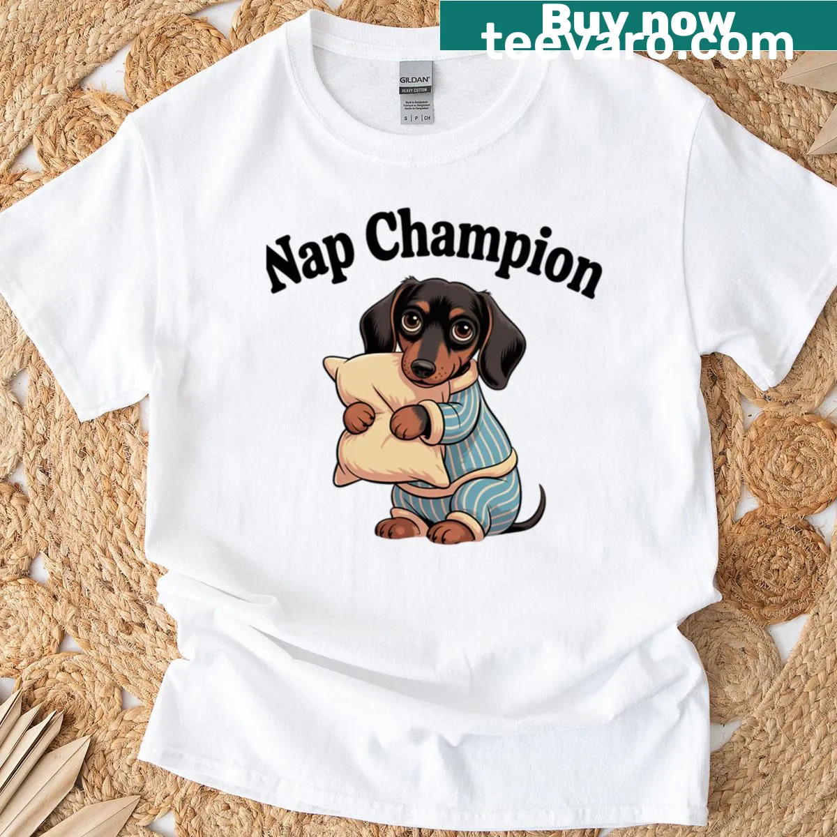 Dachshund illustration with 'Nap Champion' text on t-shirt — on a men's t-shirt