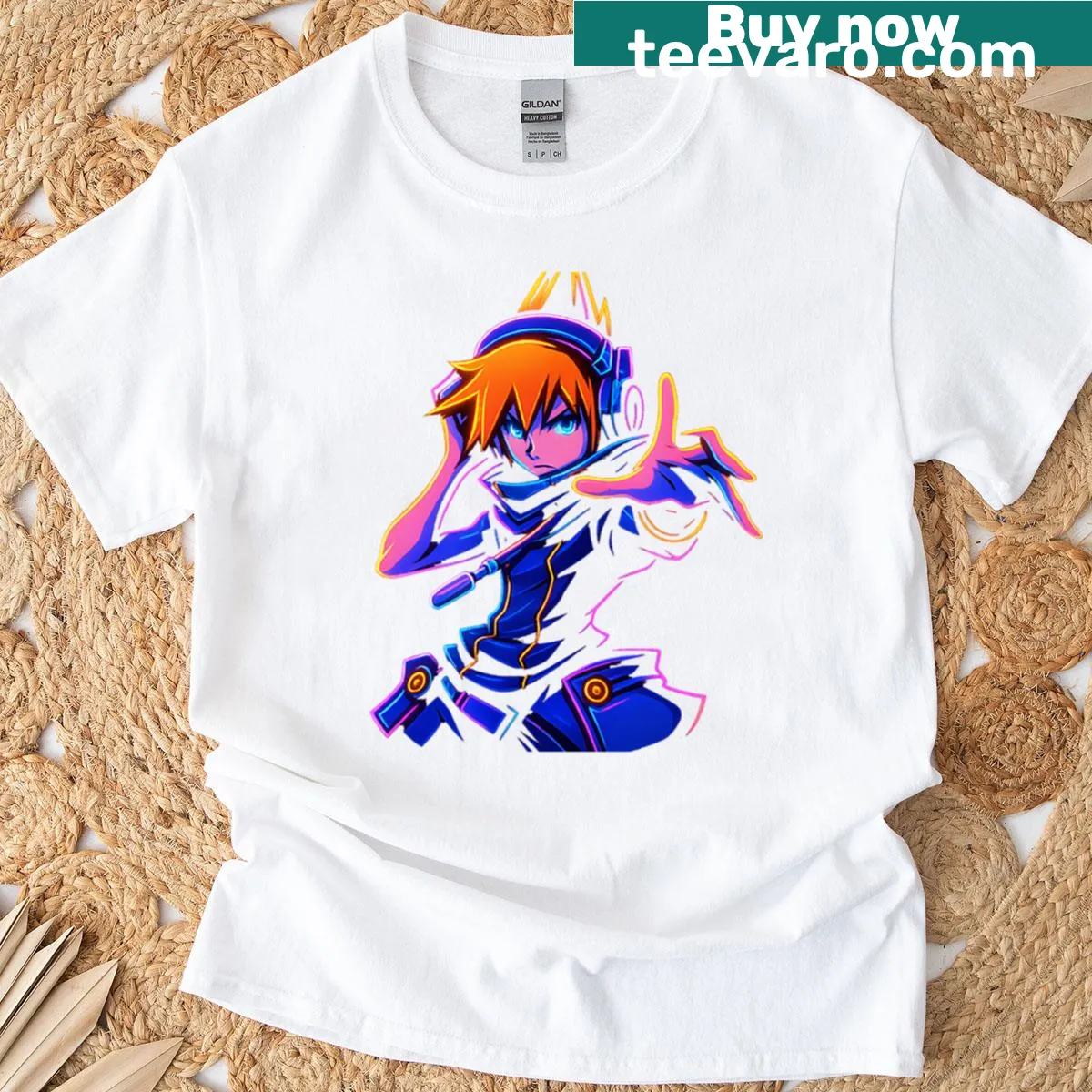 Dynamic Neon Neku graphic on t-shirt — on a men's t-shirt