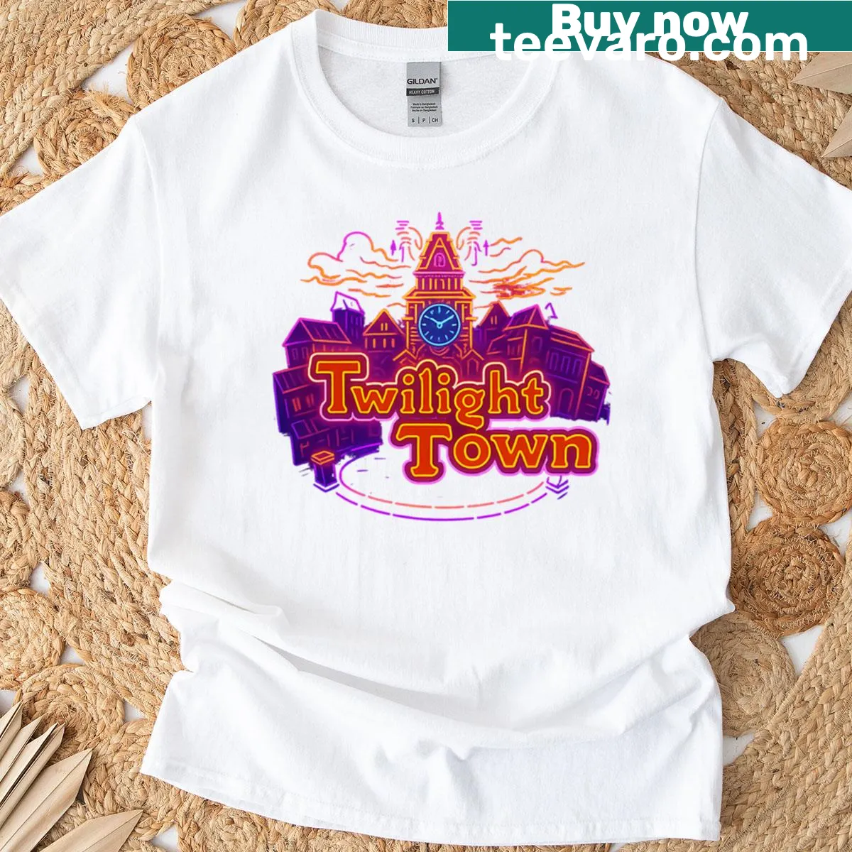 Illustrated cityscape in neon lights depicting a twilight scene — on a men's t-shirt