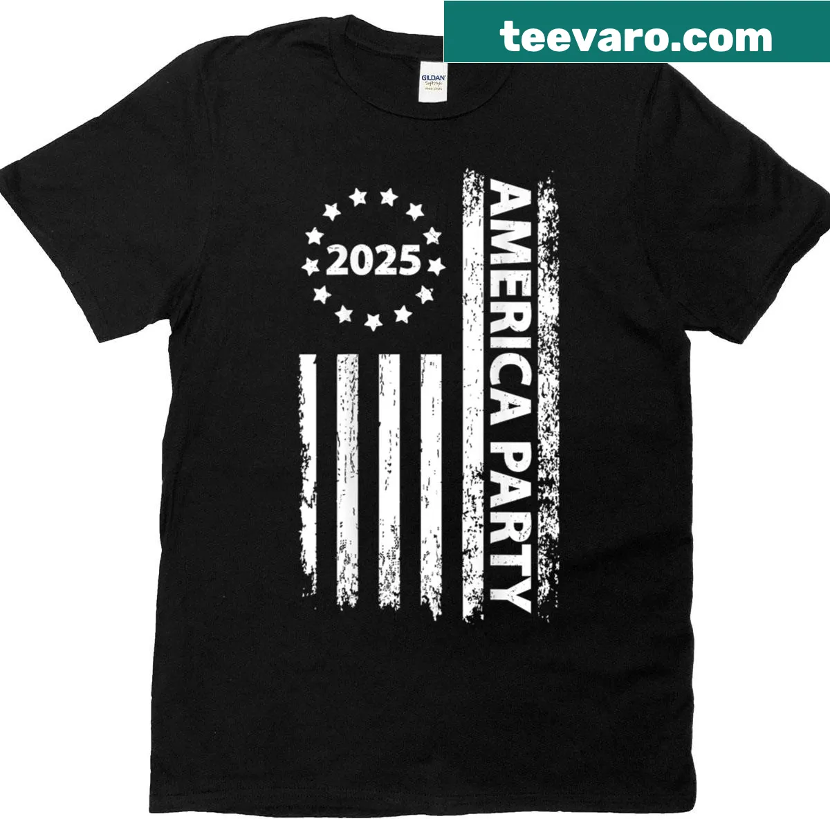 Funny T-shirt with New Political Party 2025 slogan on back — on a men's t-shirt