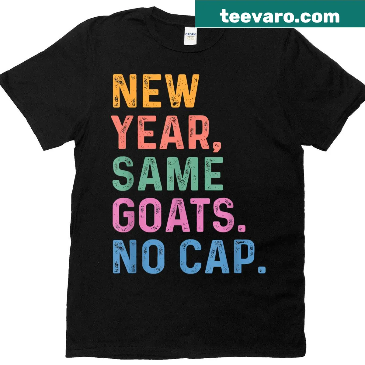 Funny kids T-shirt with 'New Year Same Goats No Cap' text design — on a men's t-shirt