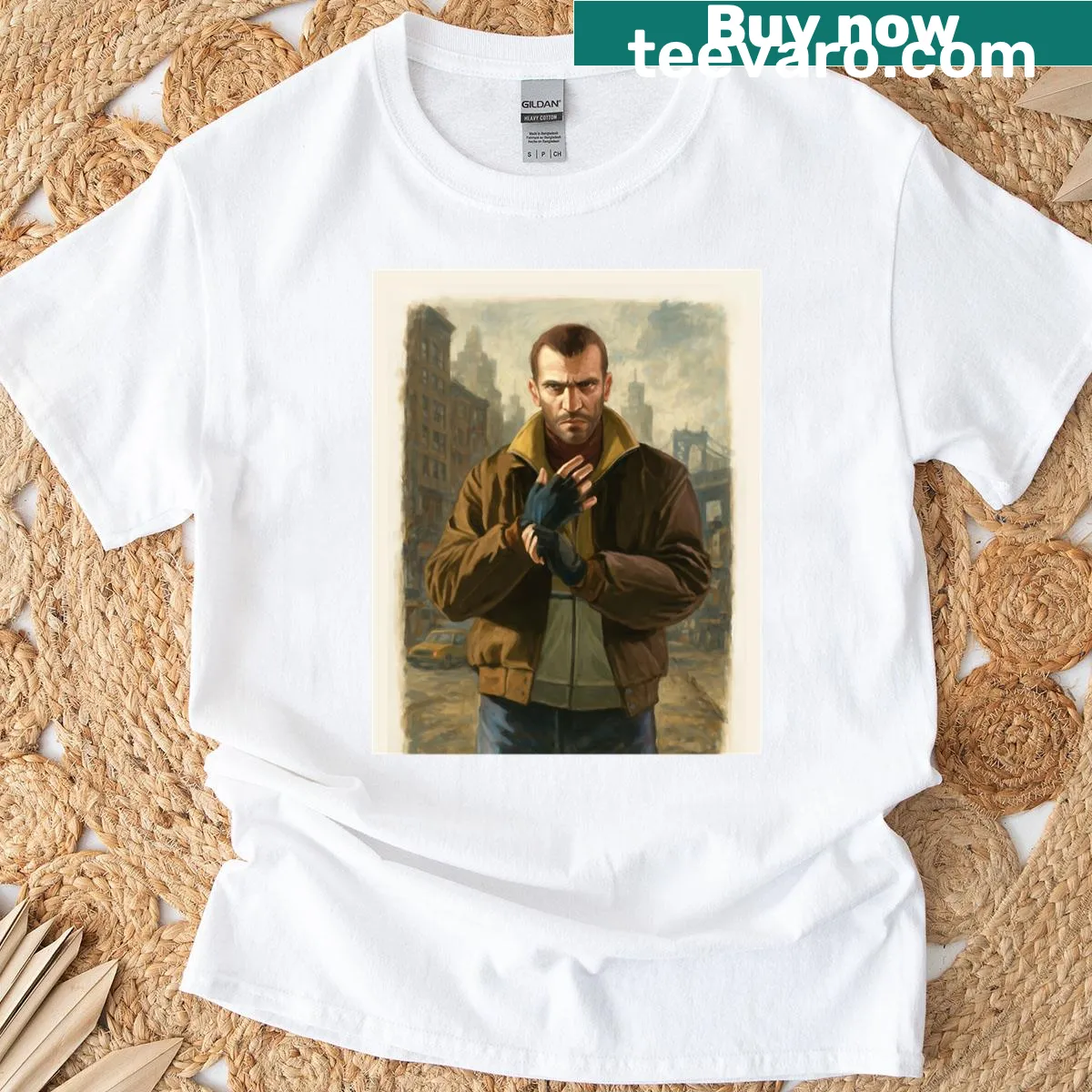 Graphic t-shirt featuring Niko Bellic from Grand Theft Auto IV — on a men's t-shirt