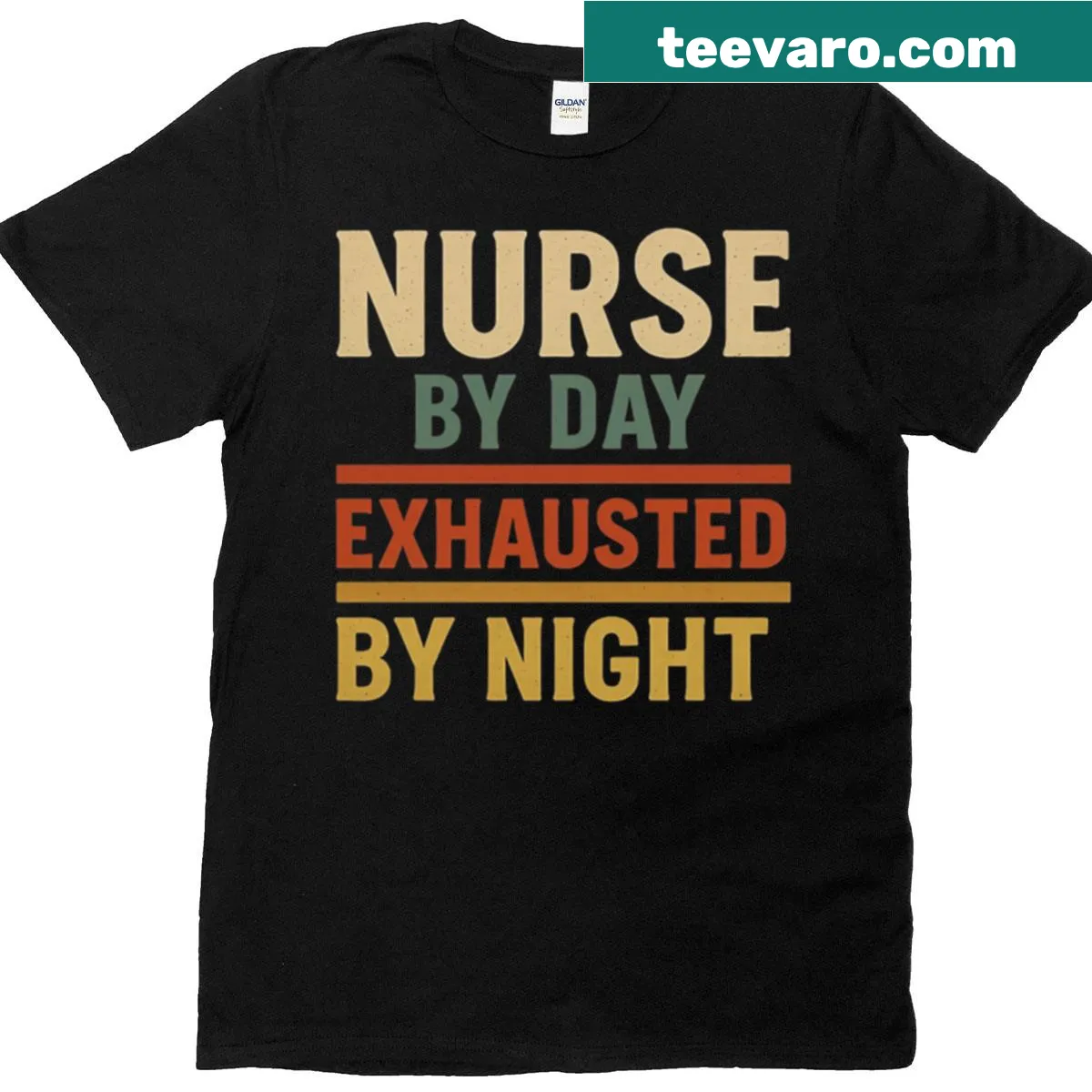 Funny retro T-shirt for nurses with 'Nurse By Day Exhausted By Night' phrase — on a men's t-shirt