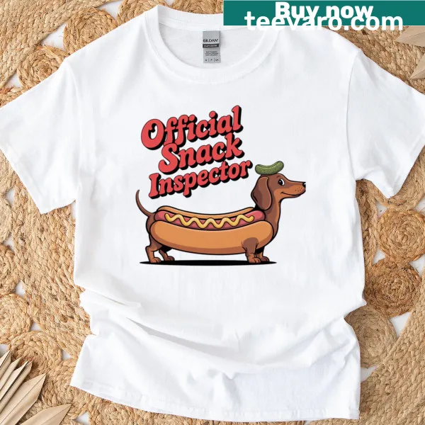 Cartoon dachshund Snack Inspector graphic t-shirt