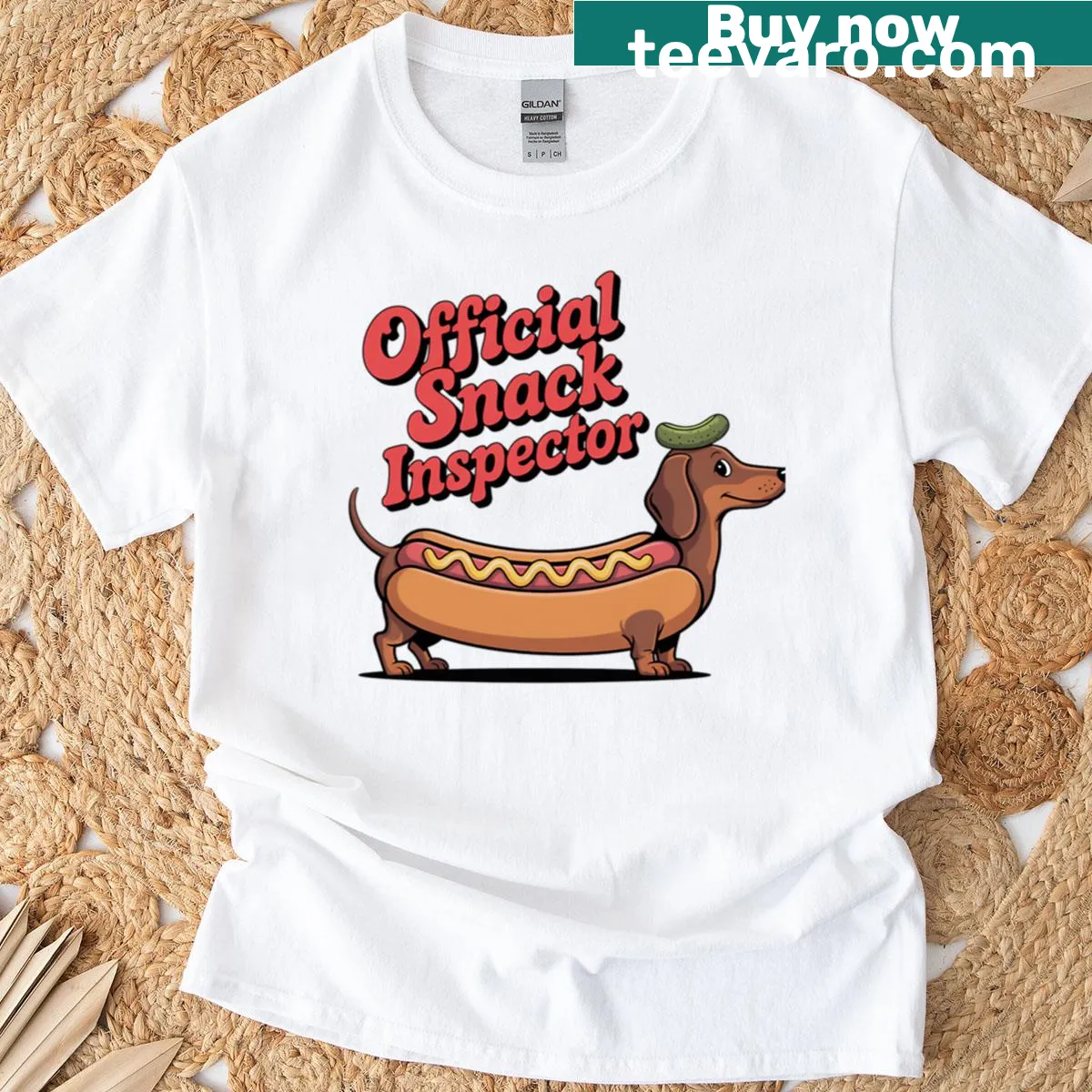 Cartoon dachshund Snack Inspector graphic t-shirt — on a men's t-shirt
