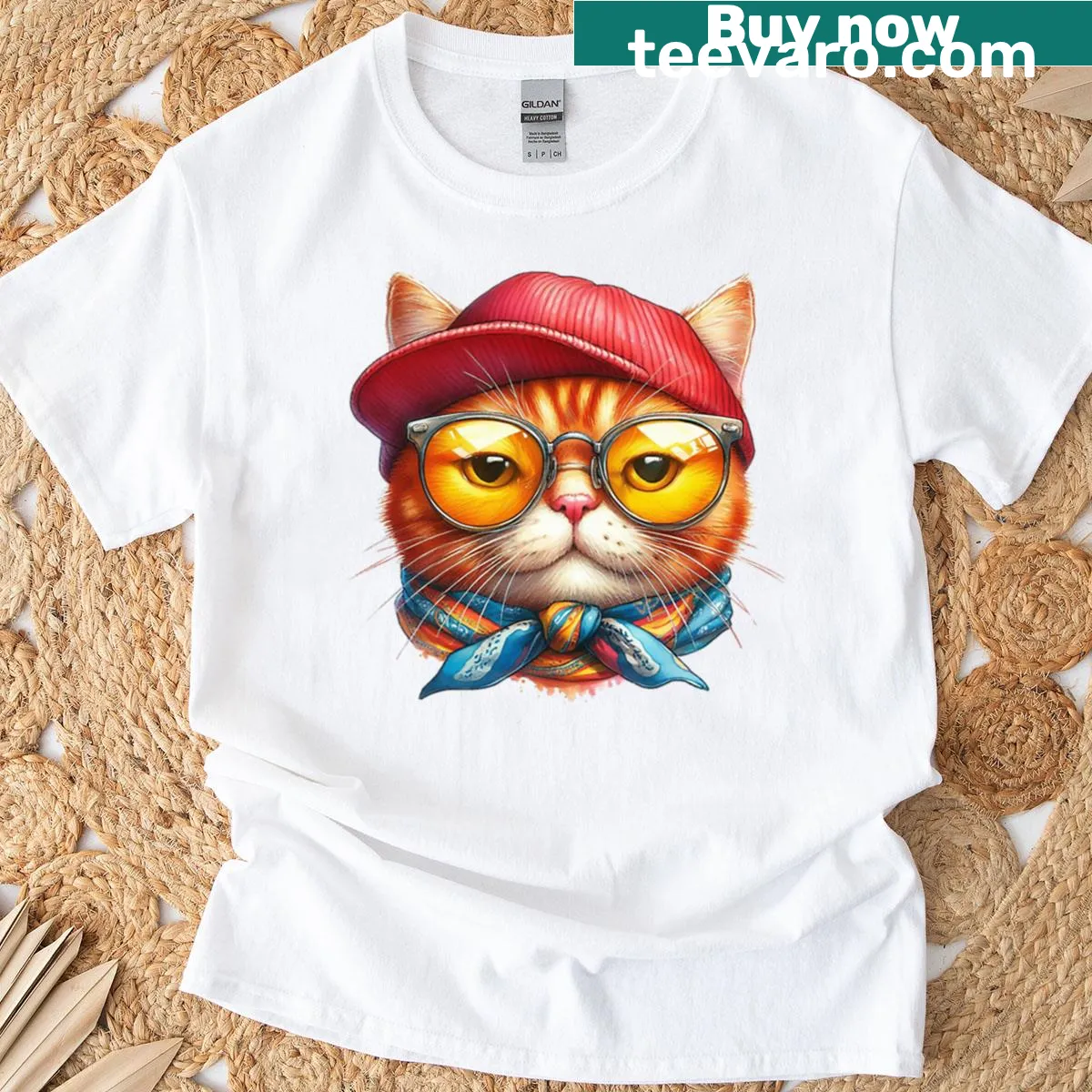 Cute T-shirt with an orange cat wearing round glasses — on a men's t-shirt