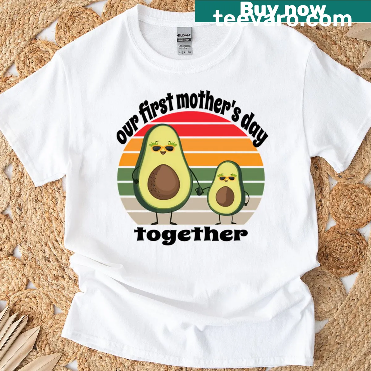 T-shirt with an avocado illustration representing mom and baby — on a men's t-shirt