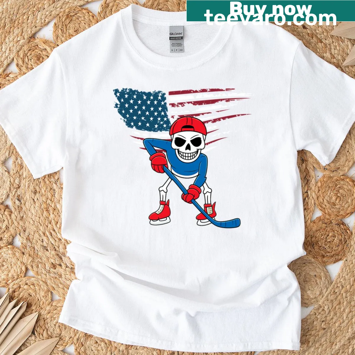 Skeleton hockey player with American flag graphic T-shirt — on a men's t-shirt