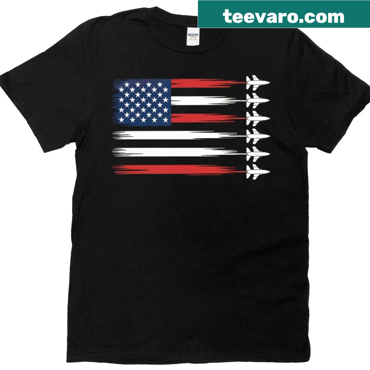 Fighter jets flying over the USA flag graphic on a T-shirt — on a men's t-shirt