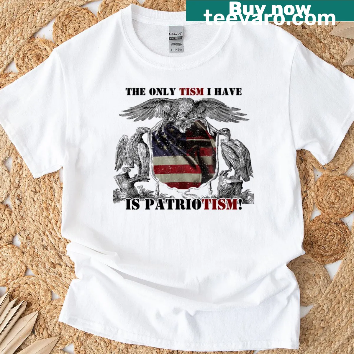 Dark ink patriotic T-shirt with strong emblem design — on a men's t-shirt
