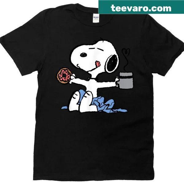 Snoopy enjoying coffee and donuts on a playful T-shirt design