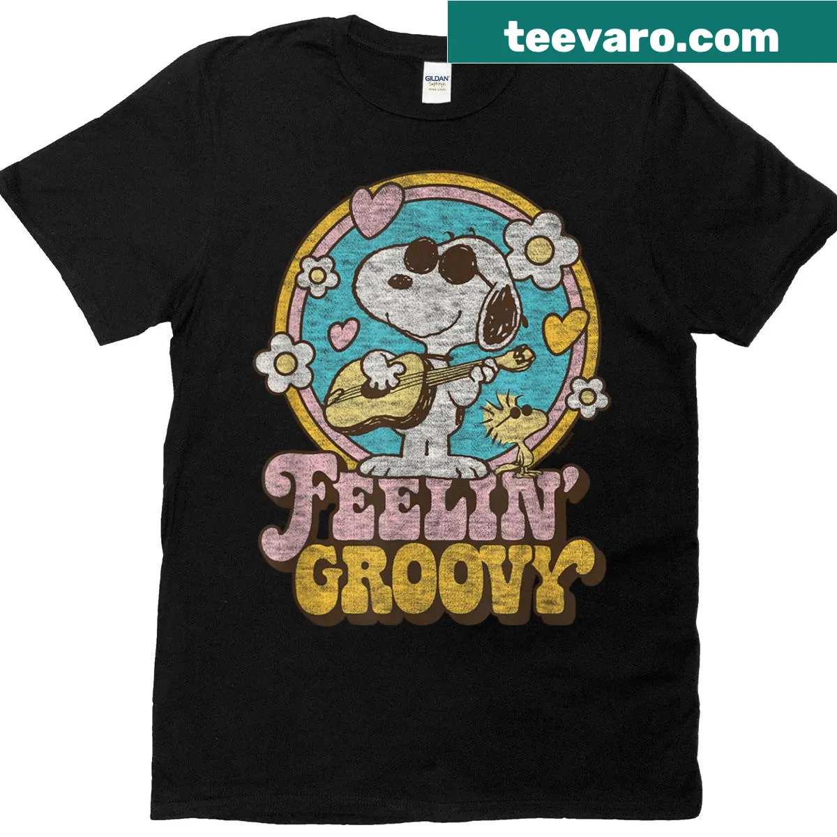 Snoopy and Woodstock in a groovy design on T-shirt — on a men's t-shirt