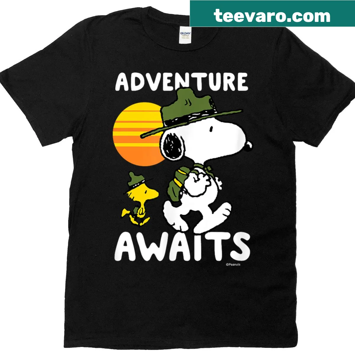 Snoopy graphic with 'Adventure Awaits' text — on a men's t-shirt