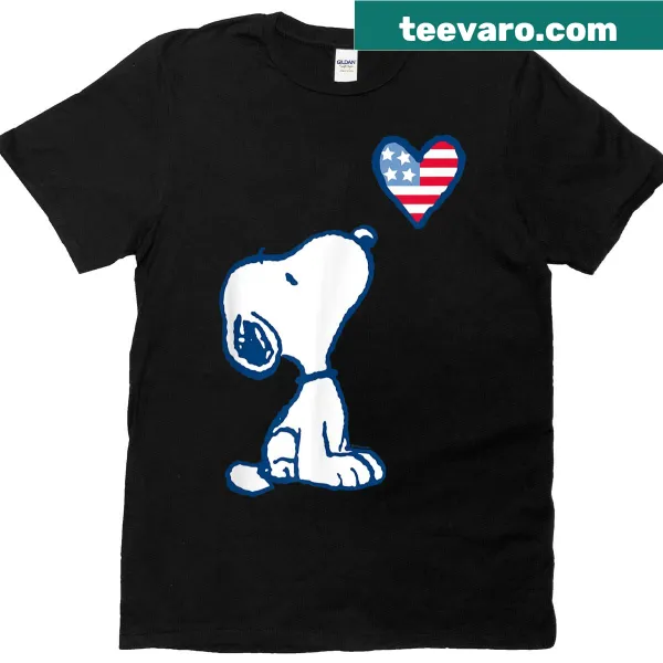 Snoopy with a heart-shaped American flag graphic on a T-shirt