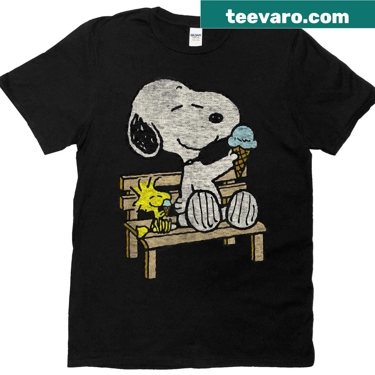Snoopy and Woodstock on a bench graphic on a T-shirt — on a men's t-shirt