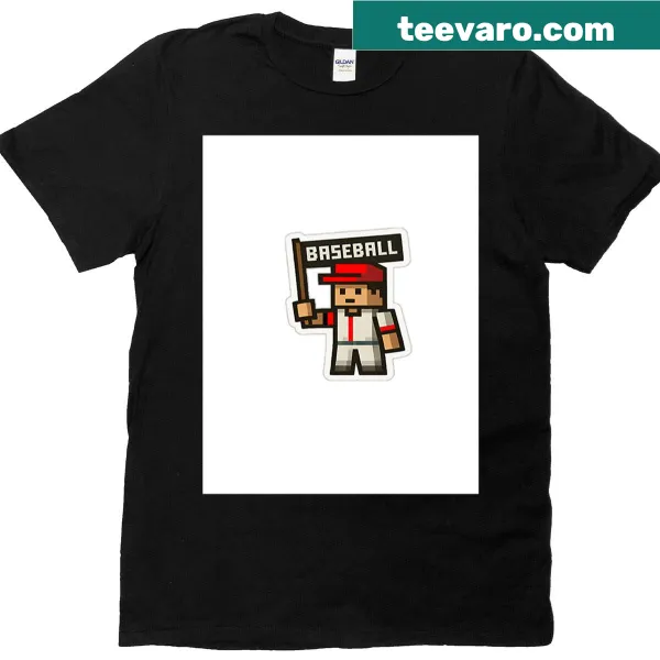 Cartoon pixel baseball player with flag on T-shirt.