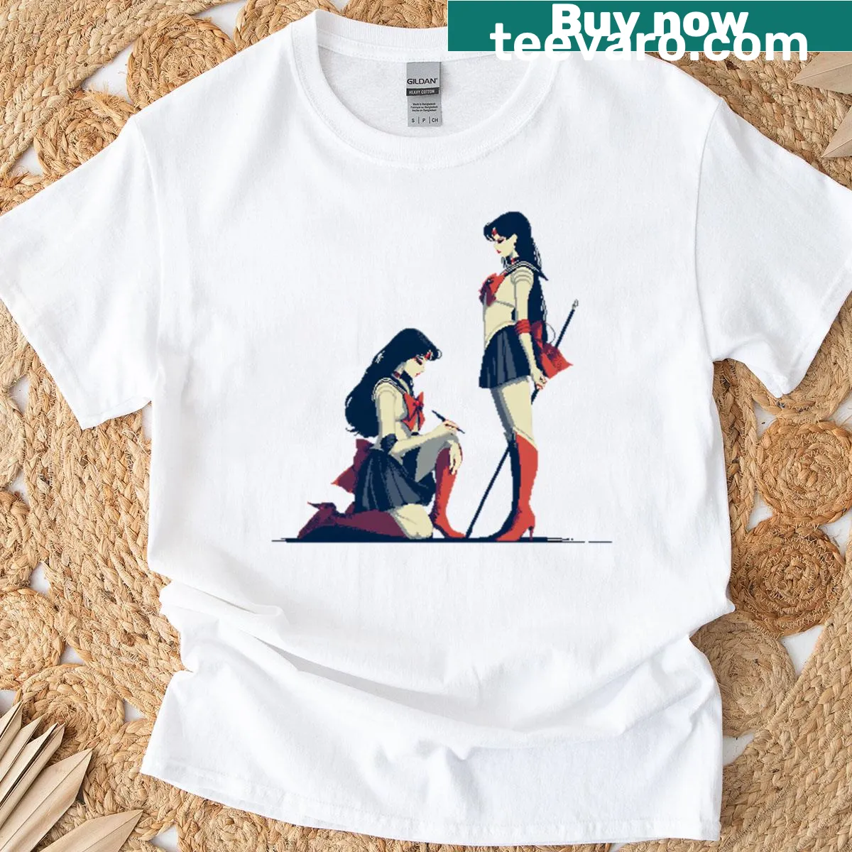 Boxy T-shirt featuring pixel art of the Mars Twins — on a men's t-shirt