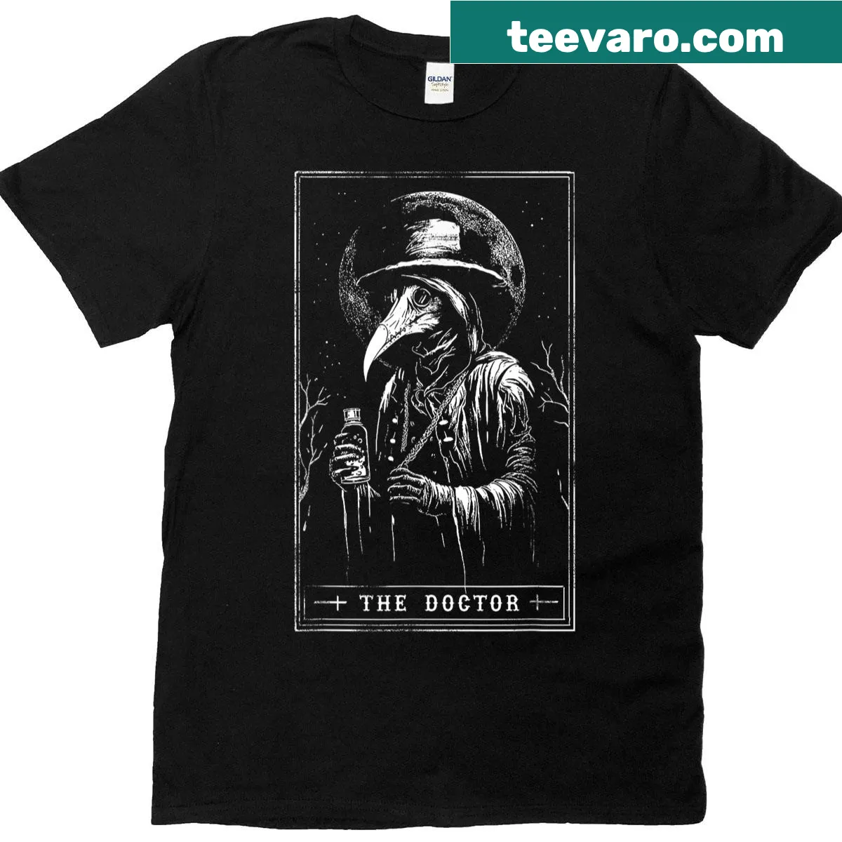 Plague doctor tarot card design on horror-themed t-shirt — on a men's t-shirt