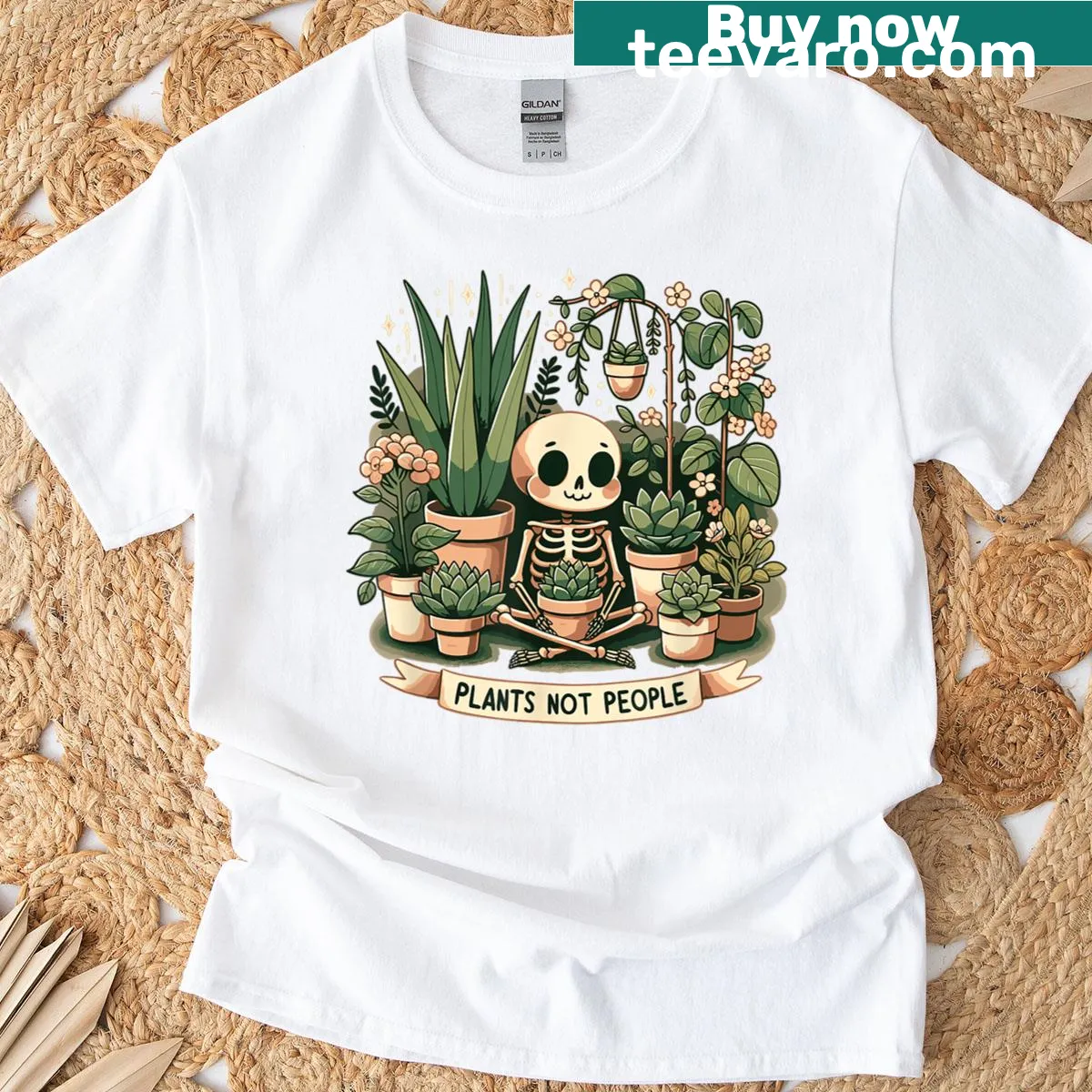 Vintage-style skeleton surrounded by plants graphic t-shirt — on a men's t-shirt