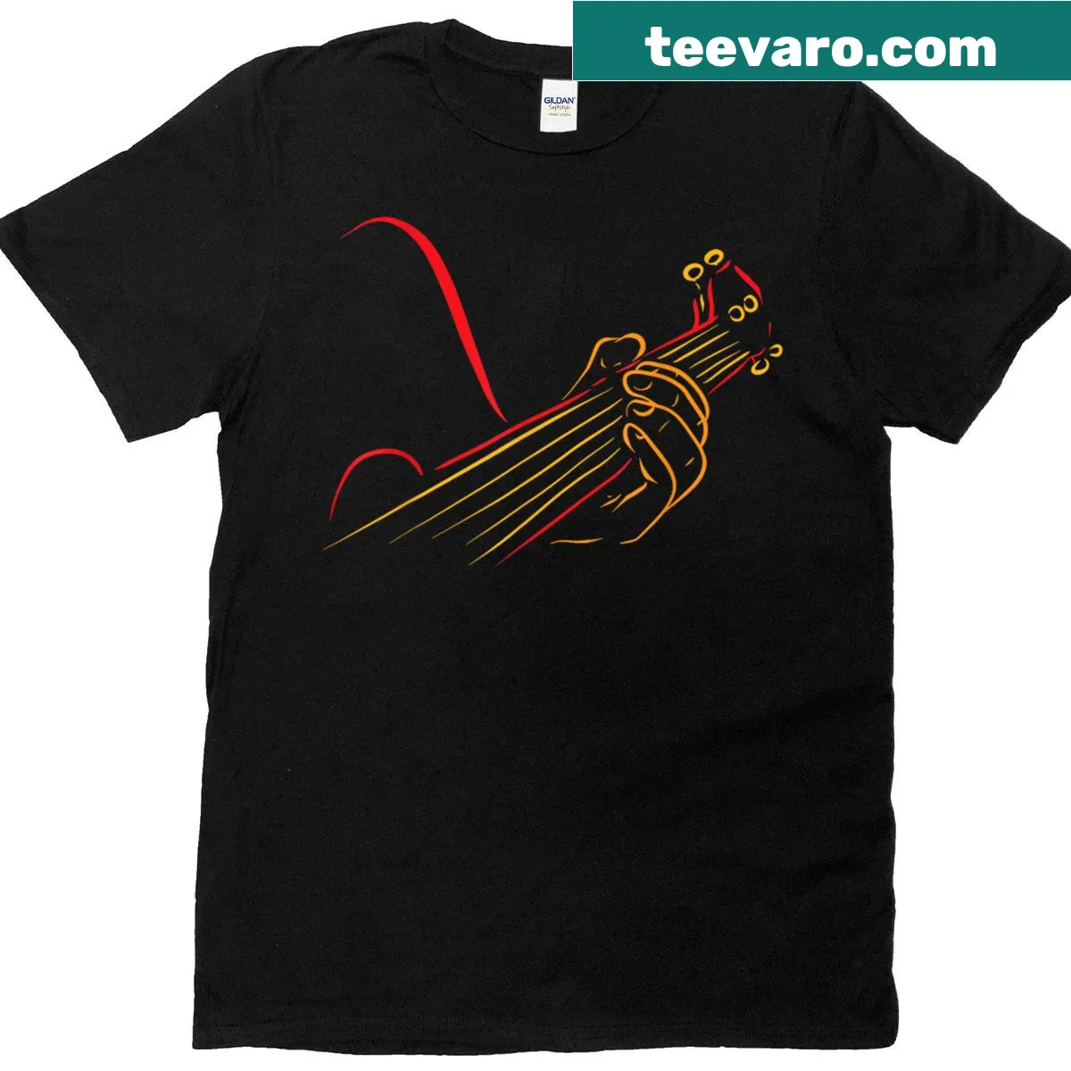 Playing Guitar T-shirt with humorous music-themed text — on a men's t-shirt