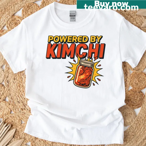 Quirky T-shirt with text 'Powered By Kimchi'