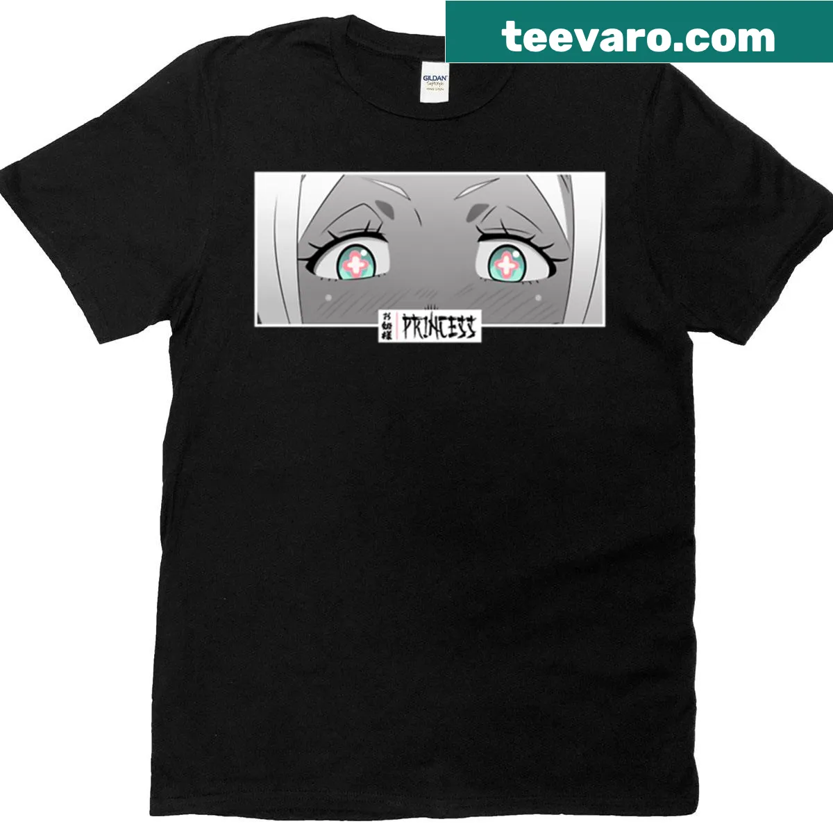 Monochrome anime princess eyes graphic T-shirt — on a men's t-shirt