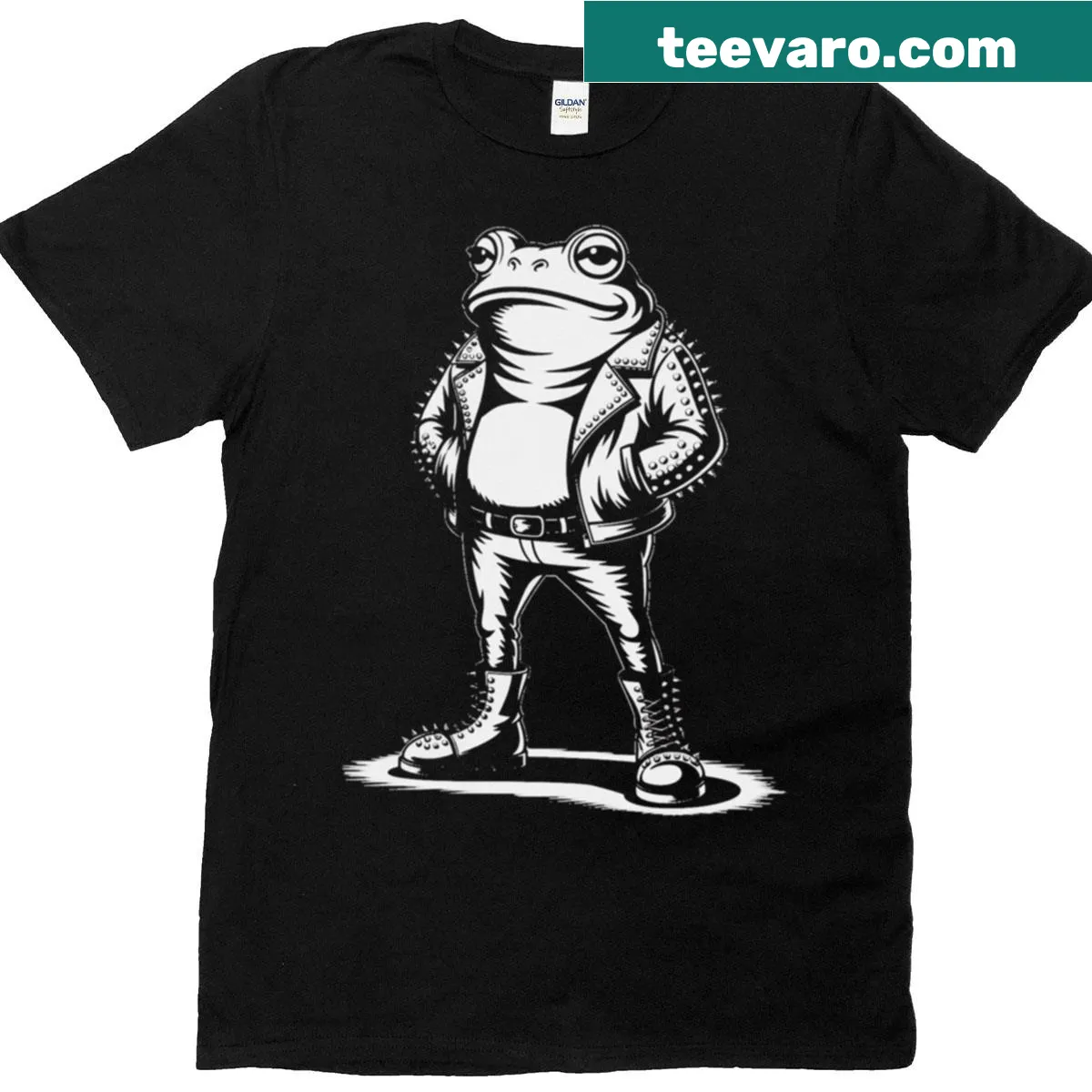 Graphic of a punk rock toad in spiked jacket and boots — on a men's t-shirt