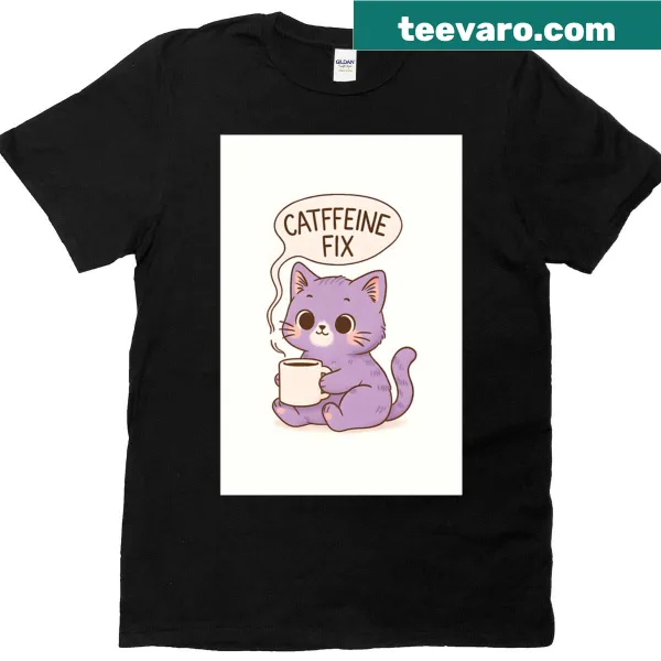 Cute T-shirt with a purple kitty enjoying a coffee break
