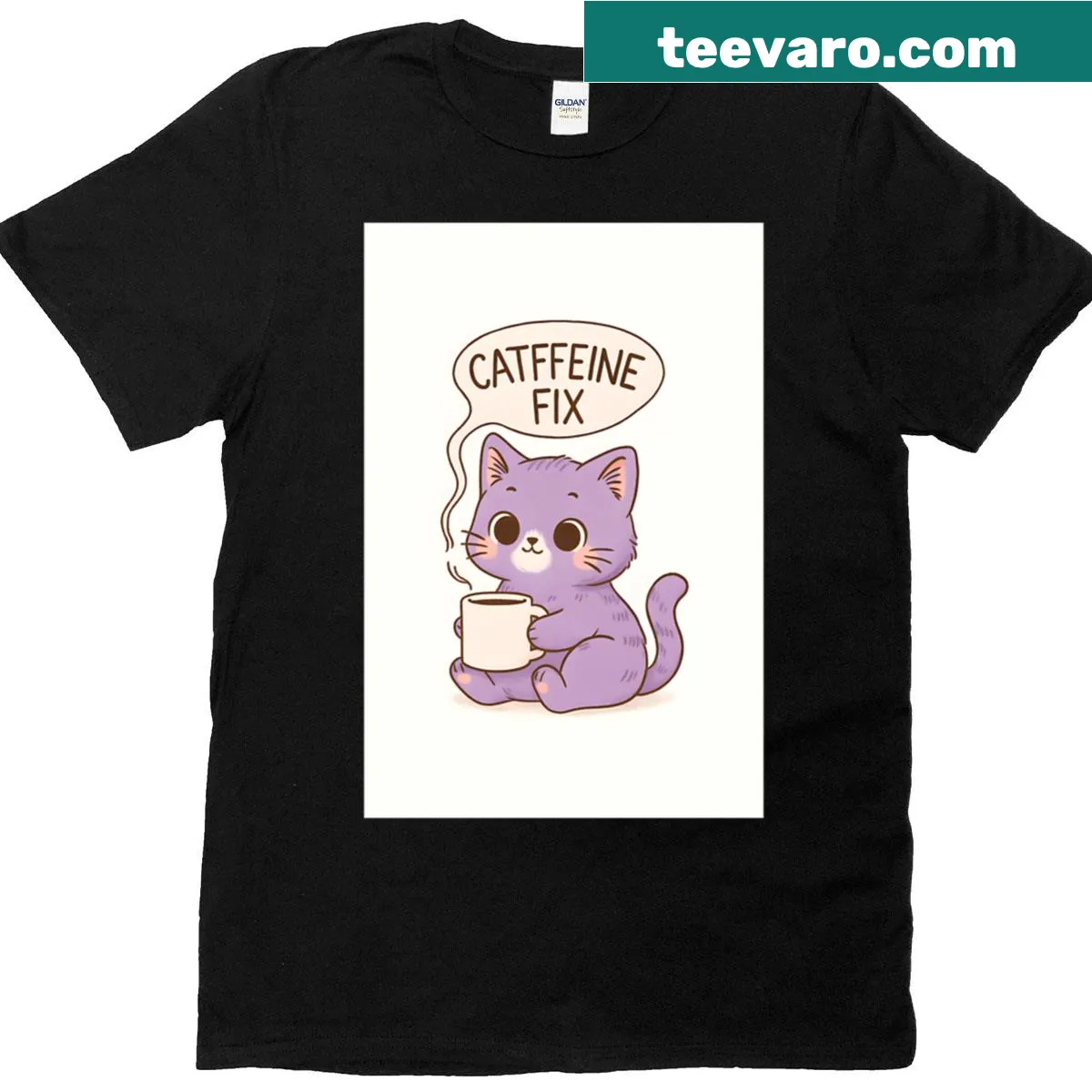 Cute T-shirt with a purple kitty enjoying a coffee break — on a men's t-shirt